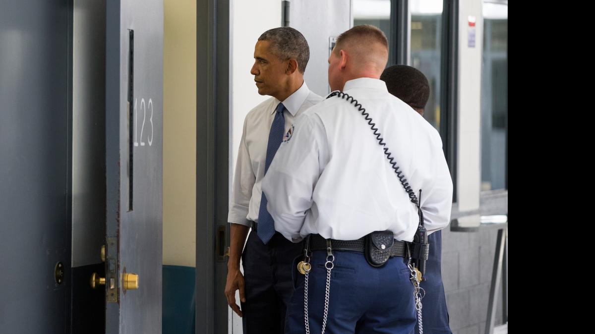 
President Barack Obama looks inside a cell during a tour of the El Reno Federal Correctional Institution in Oklahoma on Thursday.
