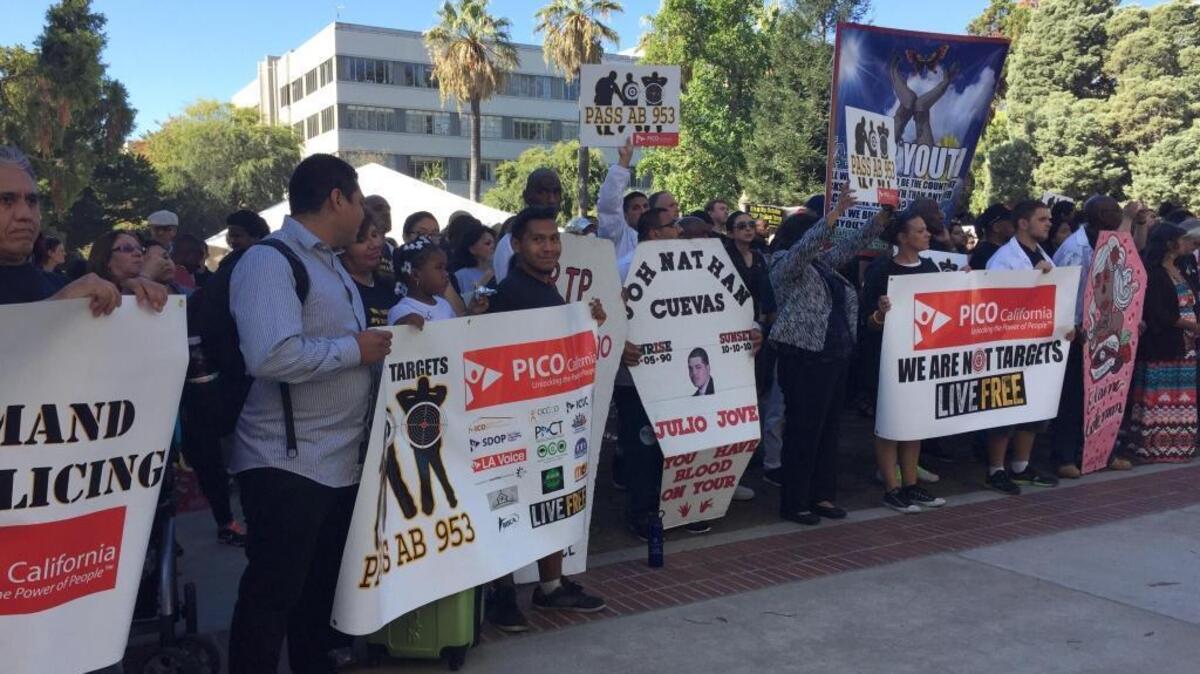 
Black Lives Matter protesters rally outside the California Capitol in support of Assembly Bill 953.
