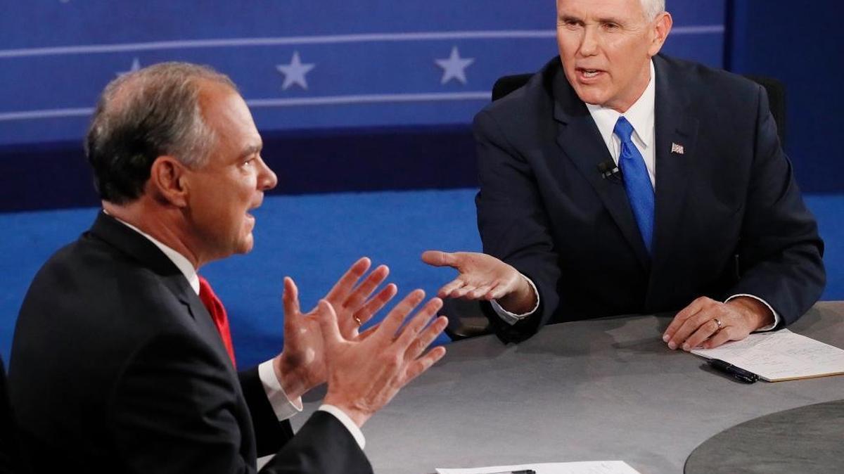 Republican vice-presidential nominee Gov. Mike Pence, right, and Democratic vice-presidential nominee Sen. Tim Kaine debate Tuesday night.
