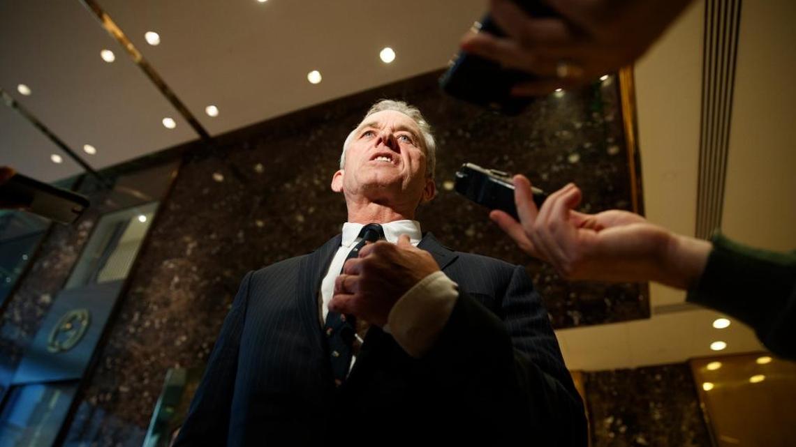 Robert F. Kennedy Jr. talks with reporters in the lobby of Trump Tower in New York on Tuesday after meeting with President-elect Donald Trump. Kennedy said Trump had asked him “to chair a commission on vaccine safety.”