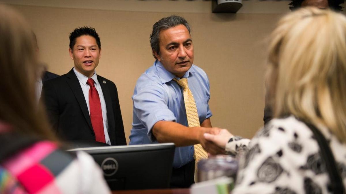 Rep. Ami Bera greets people after holding a town hall in Elk Grove in January 2017. In the June 5 primary, he and two Republicans are seeking the two slots on the November ballot.