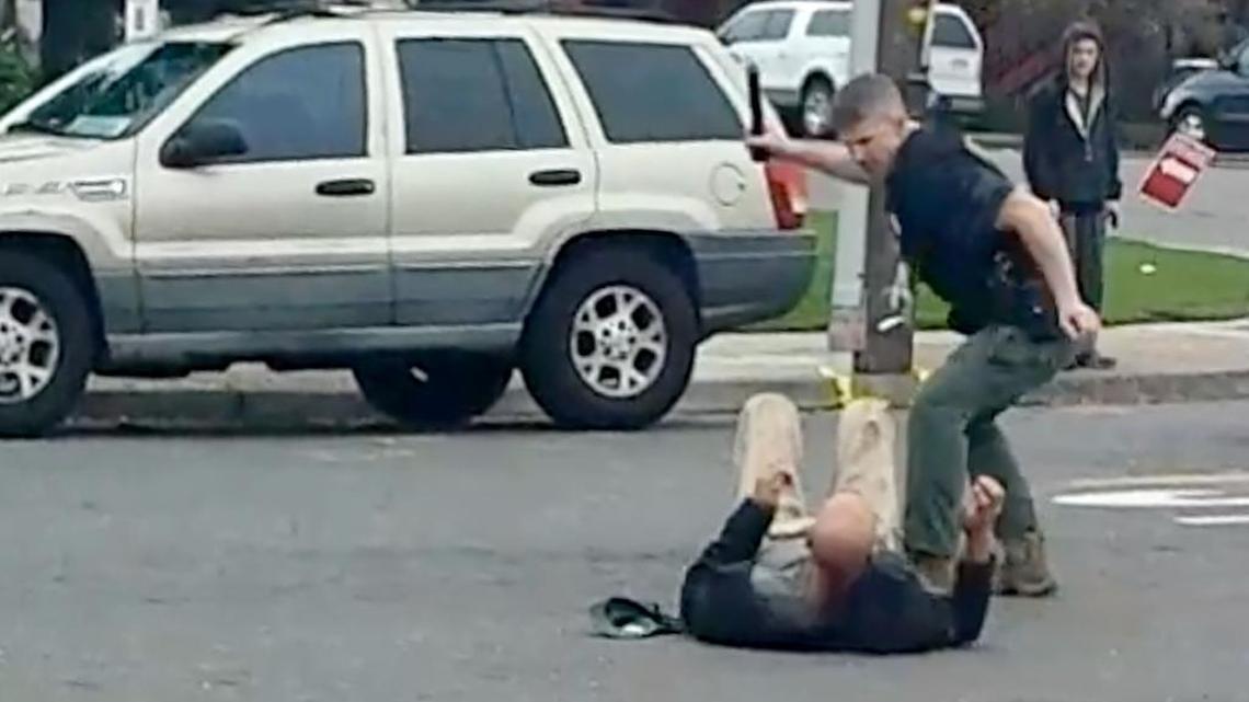 
Sacramento County sheriff’s Deputy Paul “Scotte” Pfeifer strikes John Reyes of Carmichael with his flashlight in this image from a video shot by Michael White of Carmichael.

