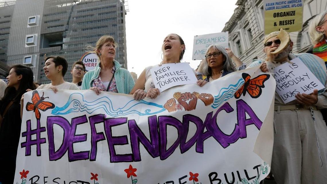 Supporters of the Deferred Action for Childhood Arrivals (DACA) yell during a protest outside of the Federal Building in San Francisco on Tuesday.