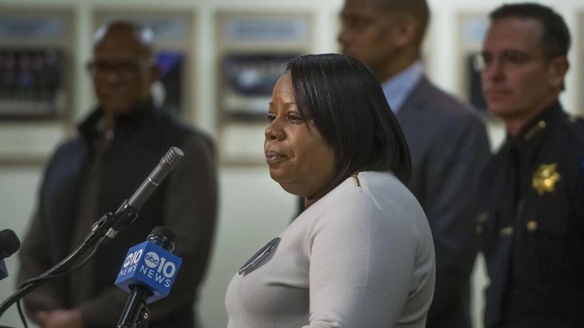 Nicole Clavo speaks in February after police announce an arrest in the slaying of her son Jaulon that has symbolized a worrisome spike in Sacramento’s violent crime. City Manager John Shirey proposed a budget Monday that calls for more spending on police and anti-crime efforts.