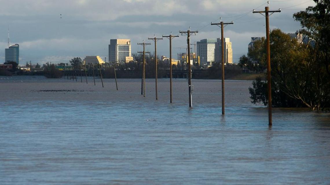Water from recent storms has turned the Yolo Bypass west of Sacramento into something resembling a lake.