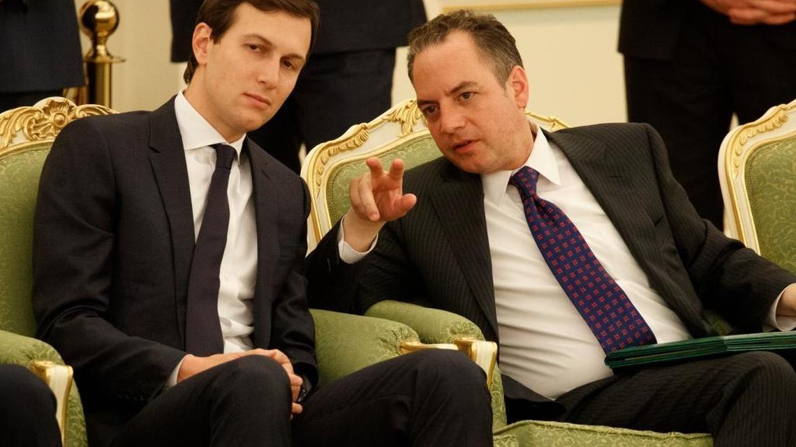 White House senior adviser Jared Kushner, left, talks with White House chief of staff Reince Priebus during a ceremony between President Donald Trump and Saudi King Salam in Riyadh on May 20.