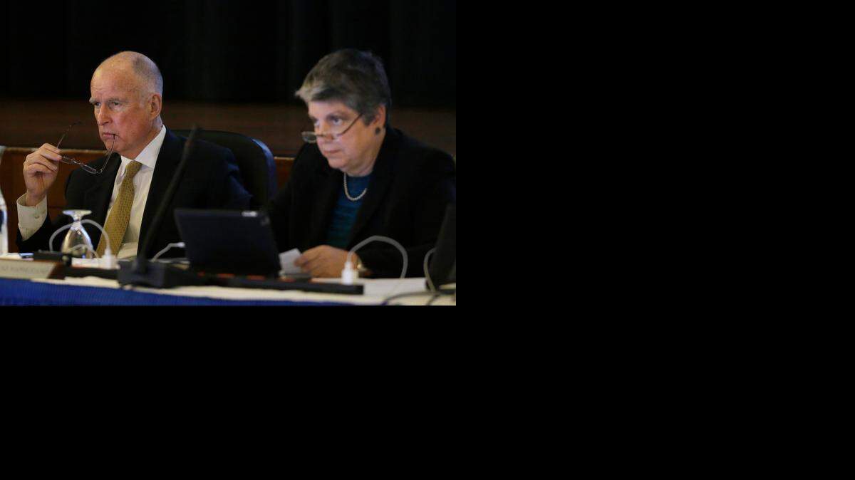 
 California Gov. Jerry Brown, left, and University of California president Janet Napolitano listen to speakers during a UC Board of Regents meeting in San Francisco in January. The two are at odds over the direction and budget of the university.
