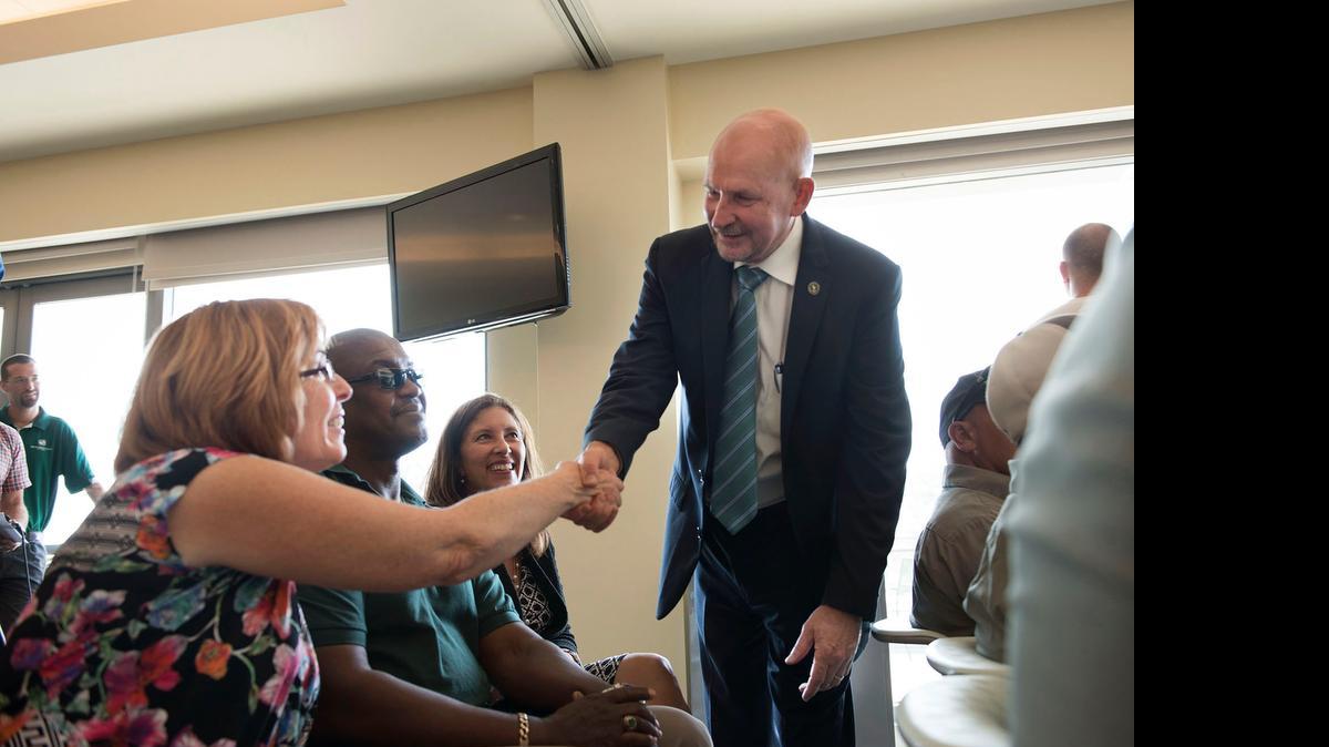 
Robert S. Nelsen, the new president of Sacramento State, greets Faculty Senate members before he is introduced on his first day July 1.

