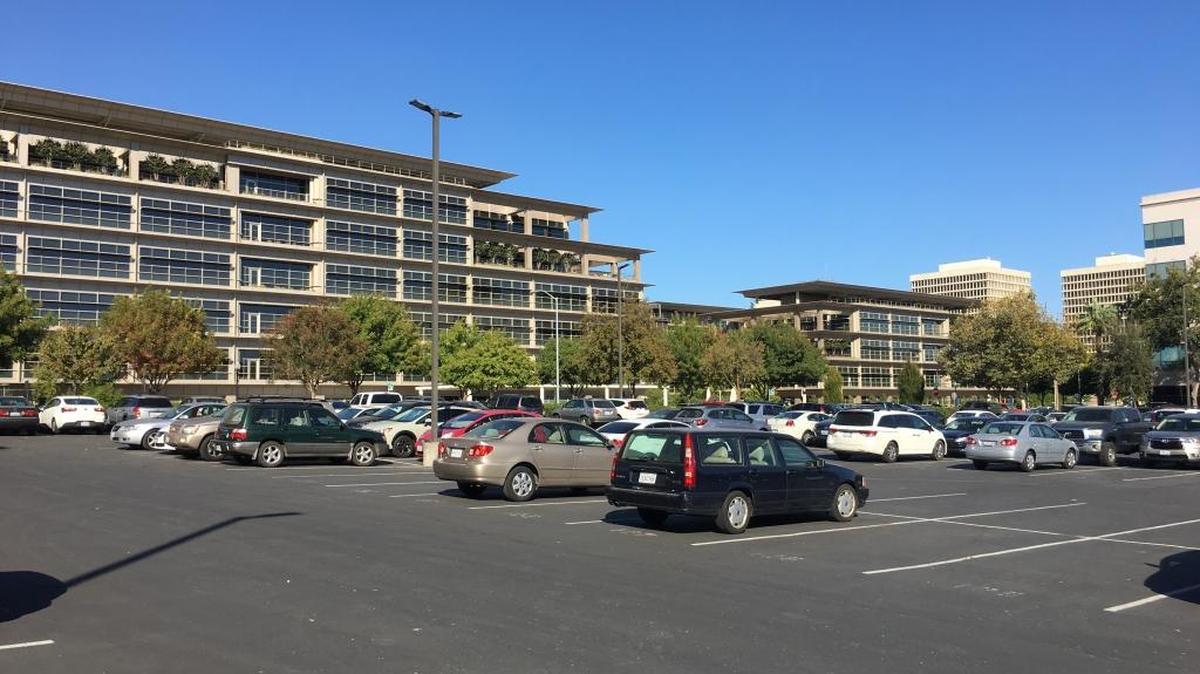 This parking lot is supposed to have a 300-unit housing complex on it, but CalPERS has not gotten around to building it.