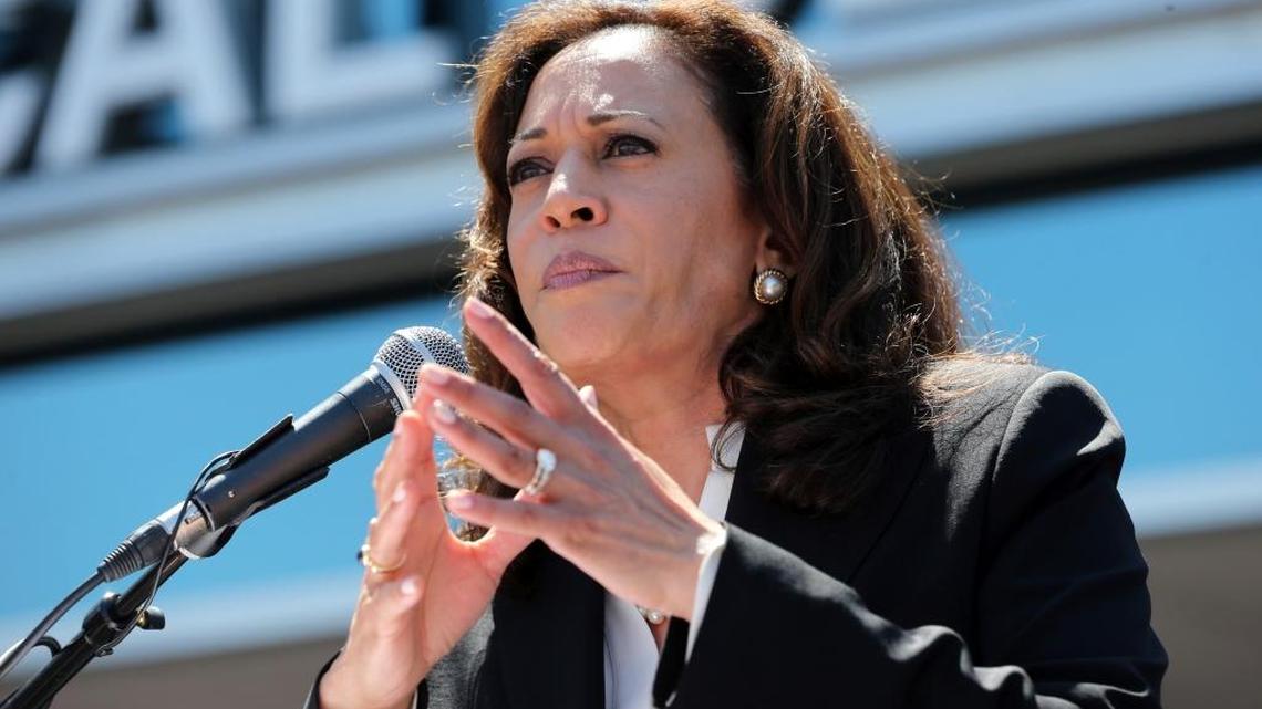 Sen. Kamala Harris speaks at a rally in in Torrance, denoucing the Republican-led effort to repeal Obamacare. In a more bipartisan spirit, she also in working with Kentucky Republican Rand Paul to reform the cash bail system used in California and dozens of other states.