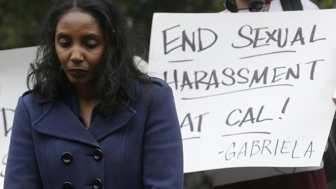 Tyann Sorrell appears at a 2016 news conference on the legal settlement between UC Berkeley, the former law school dean, Sujit Choudhry, and his former assistant, Sorrell, who said Choudhry sexually harassed her. Sorrell had sued her former boss and the university over the harassment allegations. Choudry in turn had sued the school for singling him out for additional investigation as the school looked into several cases of sexual harassment. (AP Photo/Jeff Chiu, File)