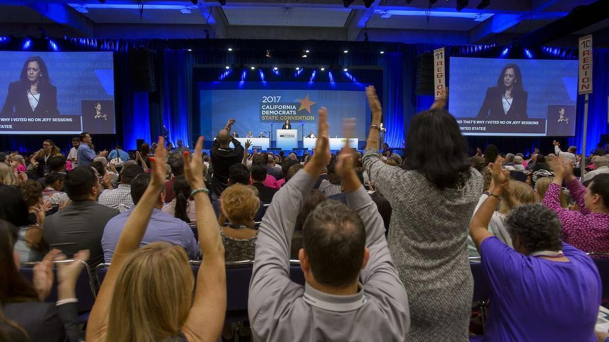 Supporters cheer as Sen. Kamala Harris speaks during the California Democratic Convention at the Sacramento Convention Center on May 20. The City Council votes Tuesday on a plan to expand the center.