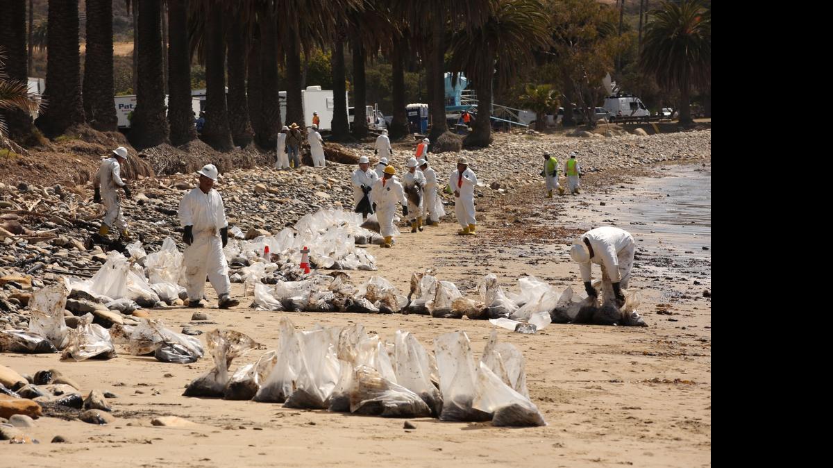 
A cleanup operation is underway at Refugio State Beach after oil spilled from a ruptured pipeline near Santa Barbara.
