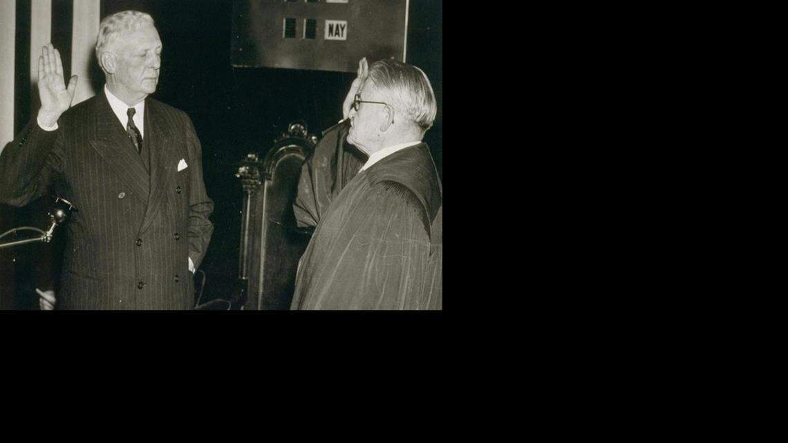 
Culbert Olson, an atheist, is sworn in as governor in 1939 with a hand in his pocket rather than on a Bible.
