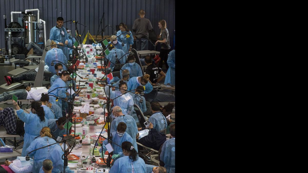 
Rows of dental volunteers treat patients during a CDA Cares Dental event at CalExpo in Sacramento in March.
