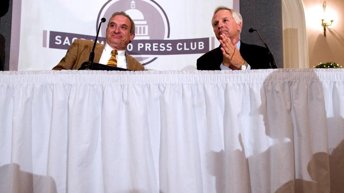 Field Poll Director Mark DiCamillo, left, and Mark Baldassare, president of the Public Policy Institute of California, speak to the Sacramento Press Club in 2009. The Field Poll shut down last week after 70 years.