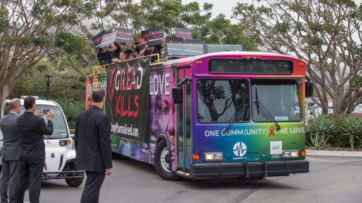 AIDS advocates participate in a rolling protest caravan against soaring drug prices in Southern California June 8, 2016.