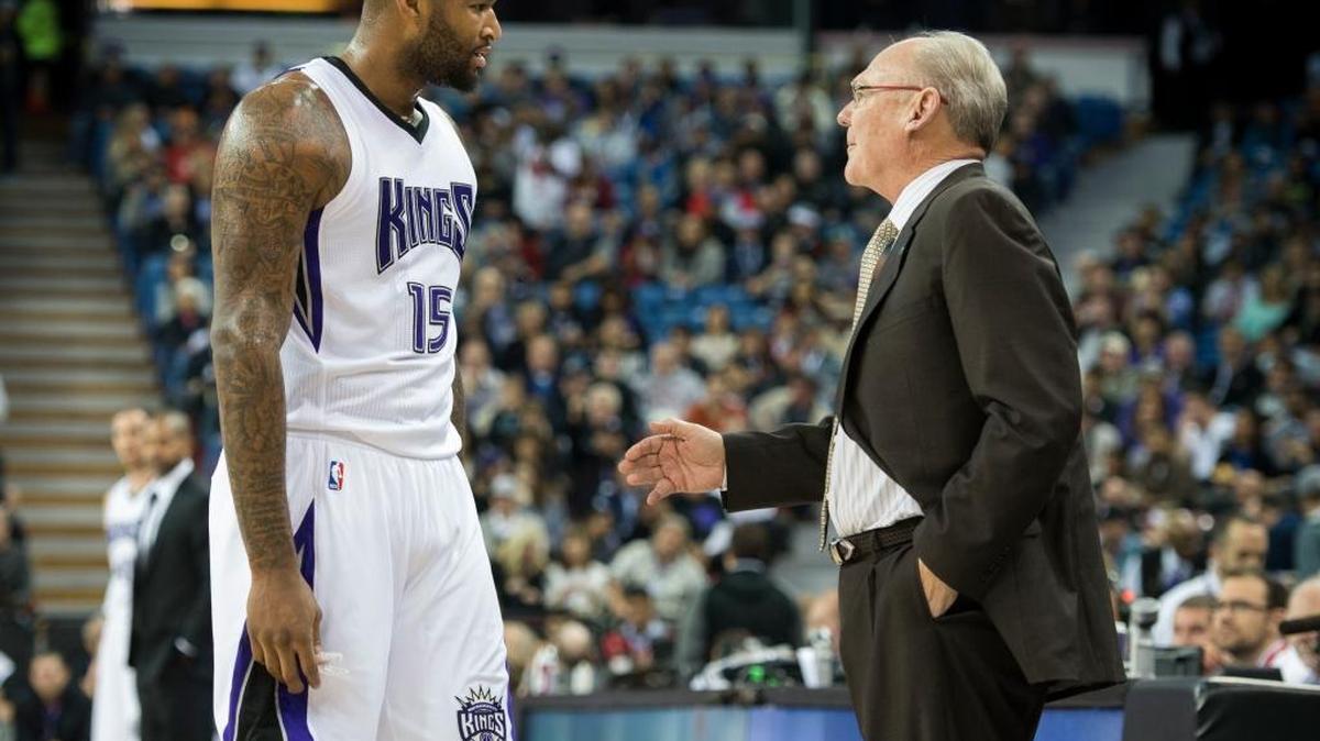 Sacramento Kings DeMarcus Cousins talks with Sacramento Kings coach George Karl after he was replaced in the first half during a game at Sleep Train Arena in December.