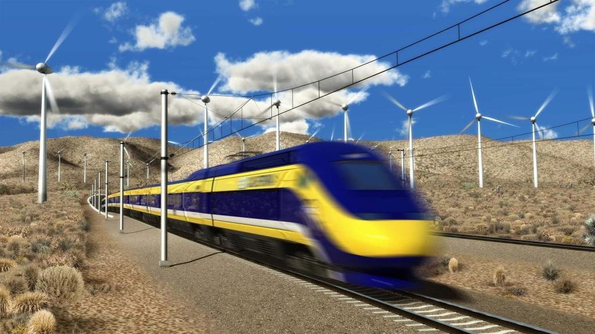 A view of a high-speed train moving through a wind farm in the proposed high-speed rail network.