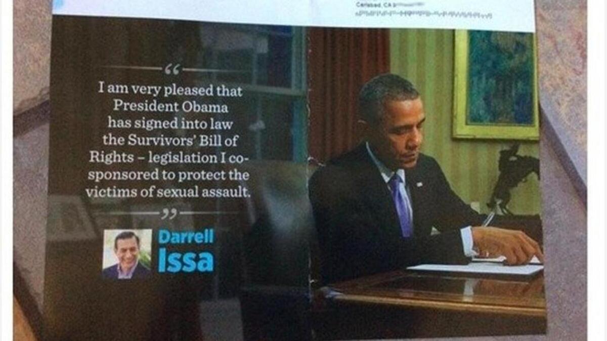 A campaign mailer sent out Rep. Darrell Issa praises President Obama for signing a bill, though Issa spent years attacking him.