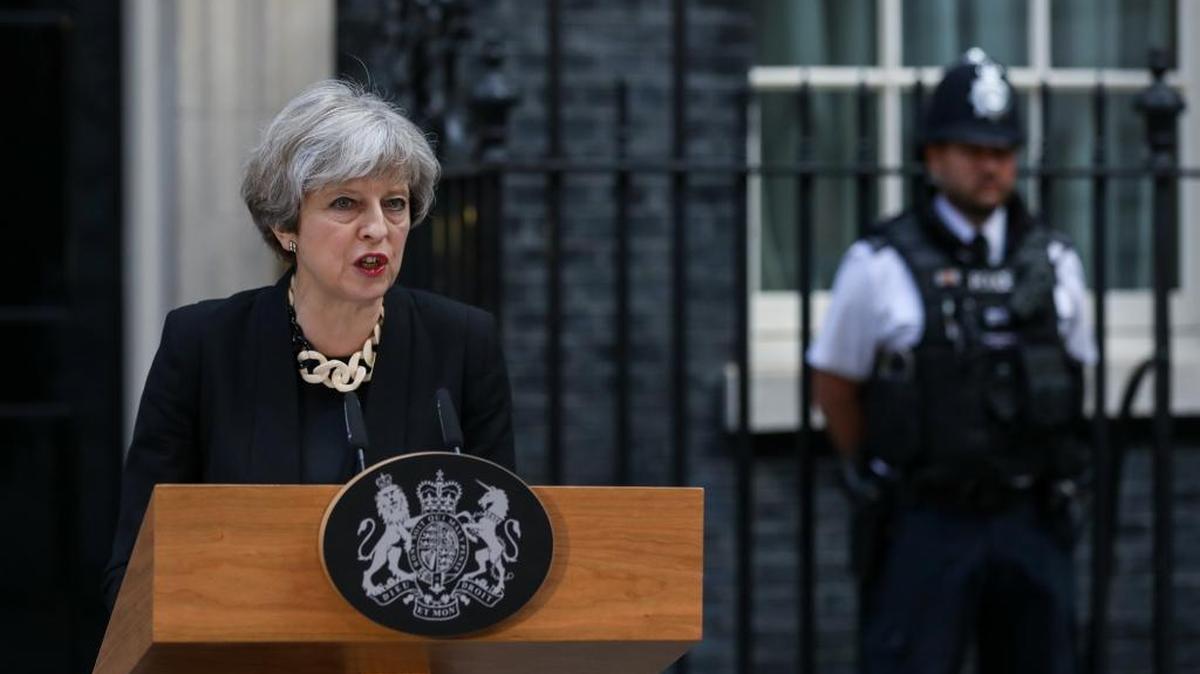 British Prime Minister Theresa May delivers a statement outside number 10 Downing Street following of the terror attack in London on Sunday.