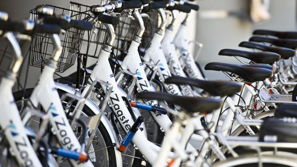 Rentable bikes sit in front of the Tubman Museum in Macon, Ga. Sacramento-area communities will have their own bike-sharing program on linebeginning in May.