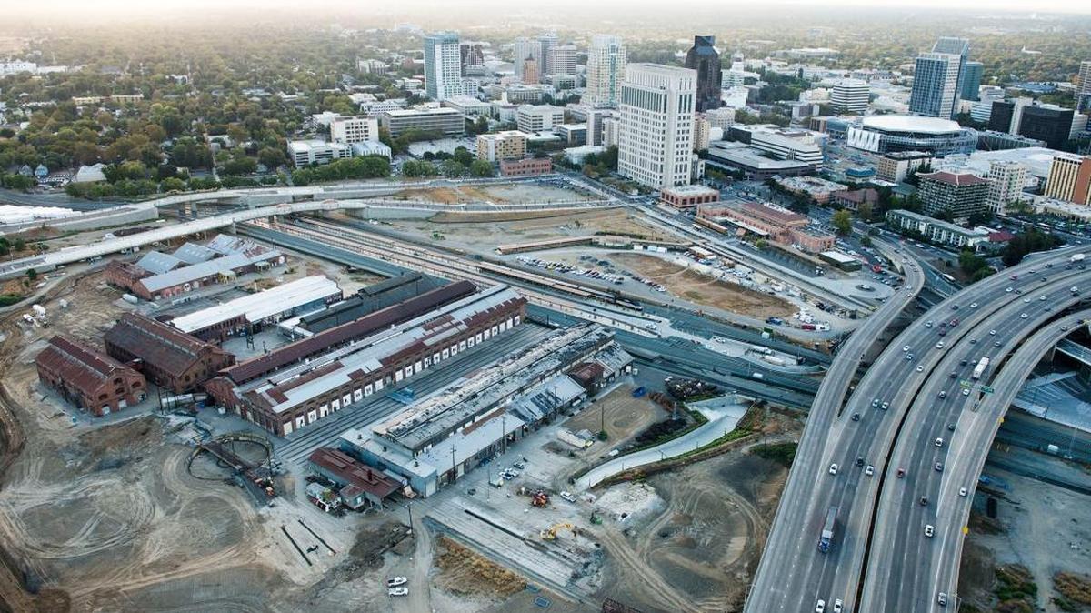 An aerial view of the railyard, Interstate 5 and downtown Sacramento.