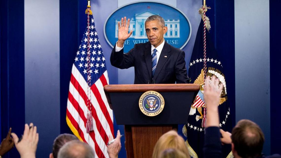 President Barack Obama departs after speaking in the White House briefing room about Thursday’s Supreme Court decision on immigration.