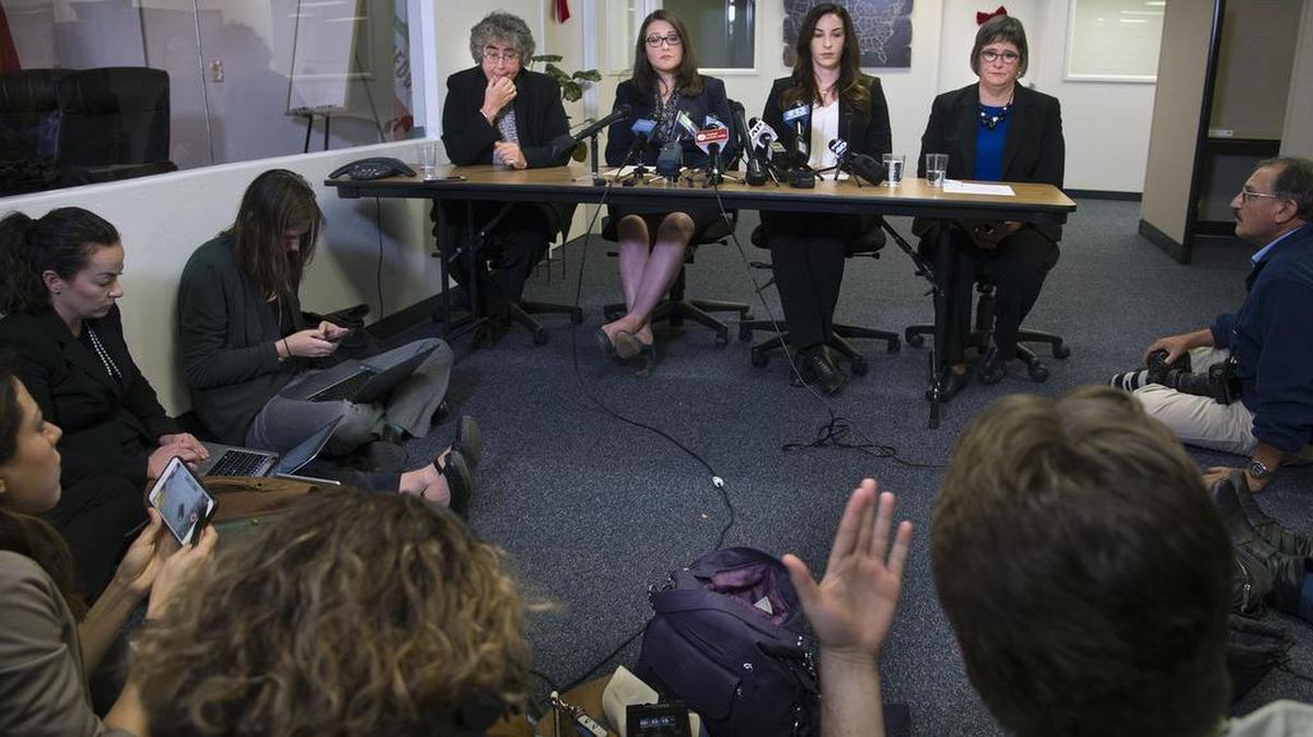 Sacramento lobbyist Pamela Lopez, second from left, and Jessica Yas Barker, second from right, speak out against Assemblyman Matt Dababneh, a San Fernando Valley Democrat.
