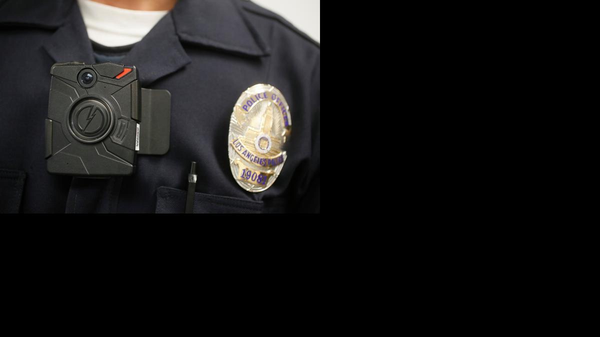 
A Los Angeles police officer wears a body camera during a demonstration for the media in January. Mayor Eric Garcetti unveiled a plan this week to equip every officer on the Los Angeles police force with such a camera. The department has been field testing body cameras on a small number of its 9,900 officers. Nationally, about 1 in 6 officers has been outfitted with a camera.
