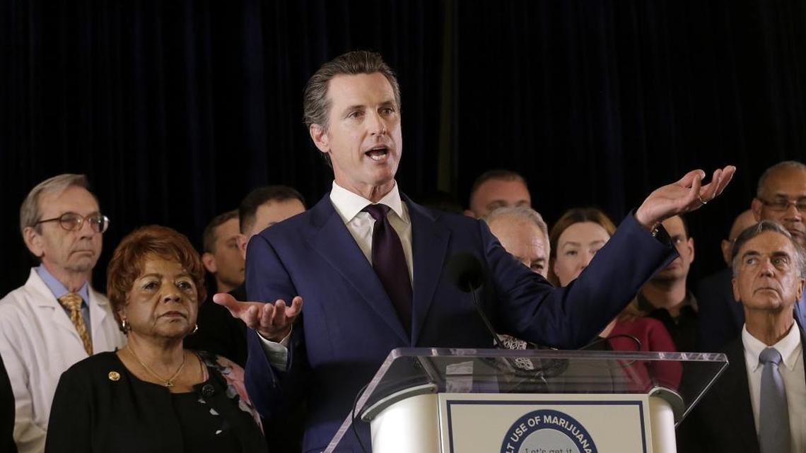 Lt. Gov. Gavin Newsom speaks in support of the Adult Use of Marijuana Act ballot measure in San Francisco in May. Voters should be wary of Proposition 64, the well-funded, slickly marketed initiative on the Nov. 8 ballot to fully legalize recreational marijuana in California.