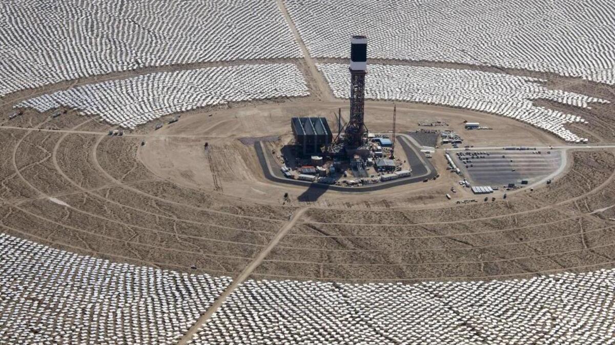 In San Bernardino County, the Brightsource Energy Ivanpah Solar Project’s 300,000 mirrors focus sunlight on three towers where water is turned to steam to generate 377 megawatts of electricity.