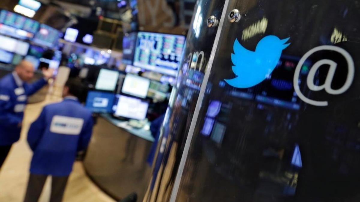 The logo for Twitter adorns a phone post on the floor of the New York Stock Exchange.