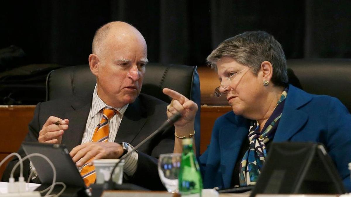 University of California President Janet Napolitano talks with Gov. Jerry Brown during a UC Board of Regents meeting earlier this year in San Francisco. The regents on Thursday approved a plan to increase enrollment next year.