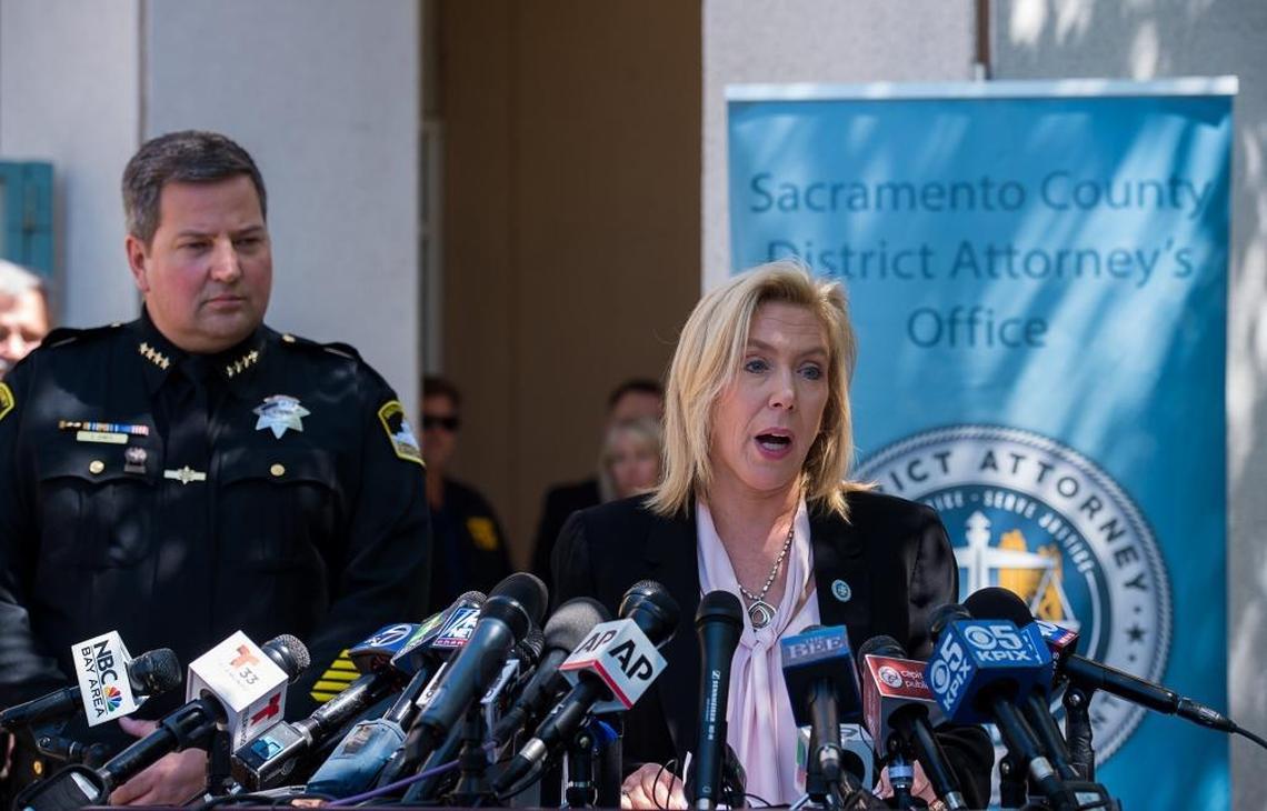 Sacramento County District Attorney Anne Marie Schubert and Sheriff Scott Jones announce an arrest in the East Area Rapist case at a press conference Wednesday.