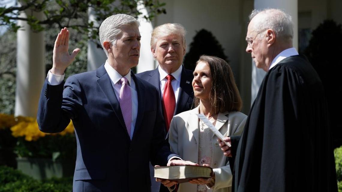 President Donald Trump watches as Supreme Court Justice Anthony Kennedy, right, administers the judicial oath to Justice Neil Gorsuch in the Rose Garden of the White House White House. With the court’s 2017 term ended, rumors are circulating that Kennedy may retire.