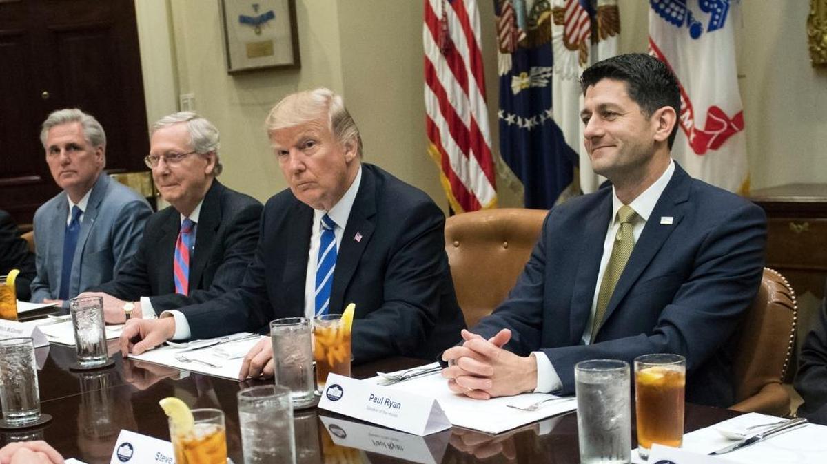 President Donald Trump meets with Republican leaders. With him are House Speaker Paul Ryan, right, House Majority Leader Kevin McCarthy of California, left, and Senate Majority Leader Mitch McConnell.