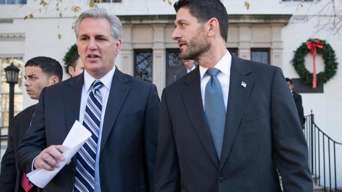 Speaker of the House Paul Ryan, R-Wis., right, and Majority Leader Kevin McCarthy, R-Bakersfield, leave a news conference last week on Capitol Hill. McCarthy has blamed California’s Democratic senators for the failure of a water bill.