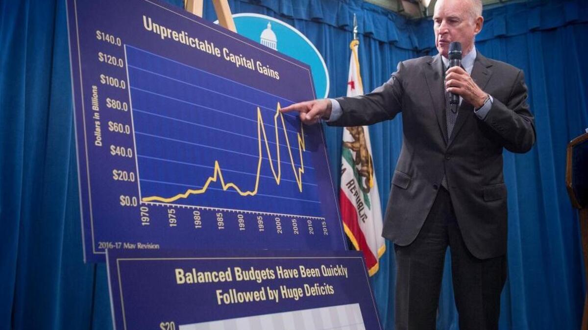 Gov. Jerry Brown shows a graph charting the unpredictable nature of capital gains taxes as he announces his revised budget at the Capitol in Sacramento on Friday.