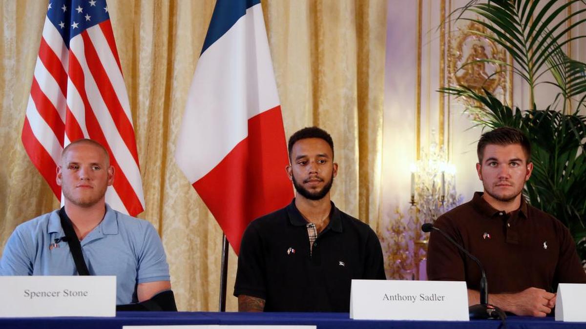 
U.S. Airman Spencer Stone, Anthony Sadler, a senior at California State University, Sacramento, and U.S. National Guardsman Alek Skarlatos at a press conference at the U.S. Ambassador's residence in Paris.
