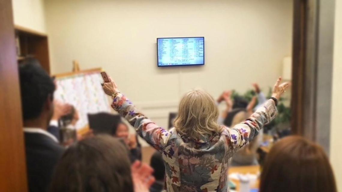 Nancy McFadden, who was Gov. Jerry Brown’s chief of staff and one of California’s least public and most influential figures, celebrating a legislative victory in the governor’s offices last year.