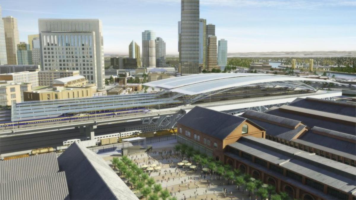 This rendering shows how a proposed high speed rail station would fit into the development planned for the city’s Railyard parcel in Sacramento.