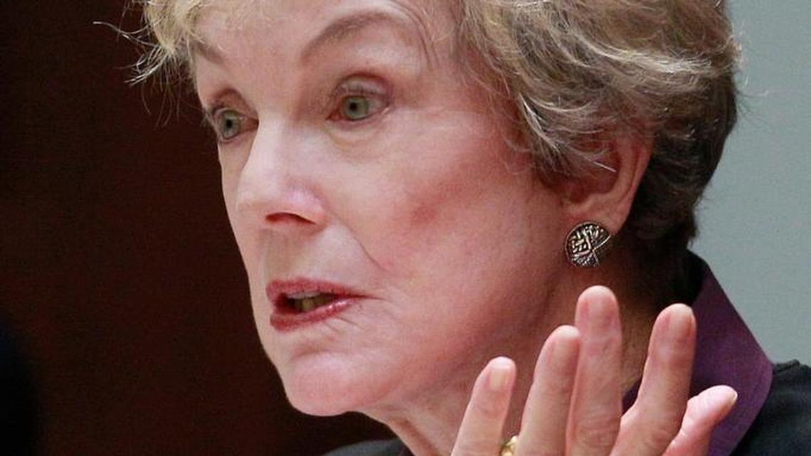 Justice Kathryn Werdegar is shown at the California Supreme Court in San Francisco in 2011. The court announced Wednesday that Werdegar will step down Aug. 31. Republican Gov. Pete Wilson appointed her to the high court in 1994.