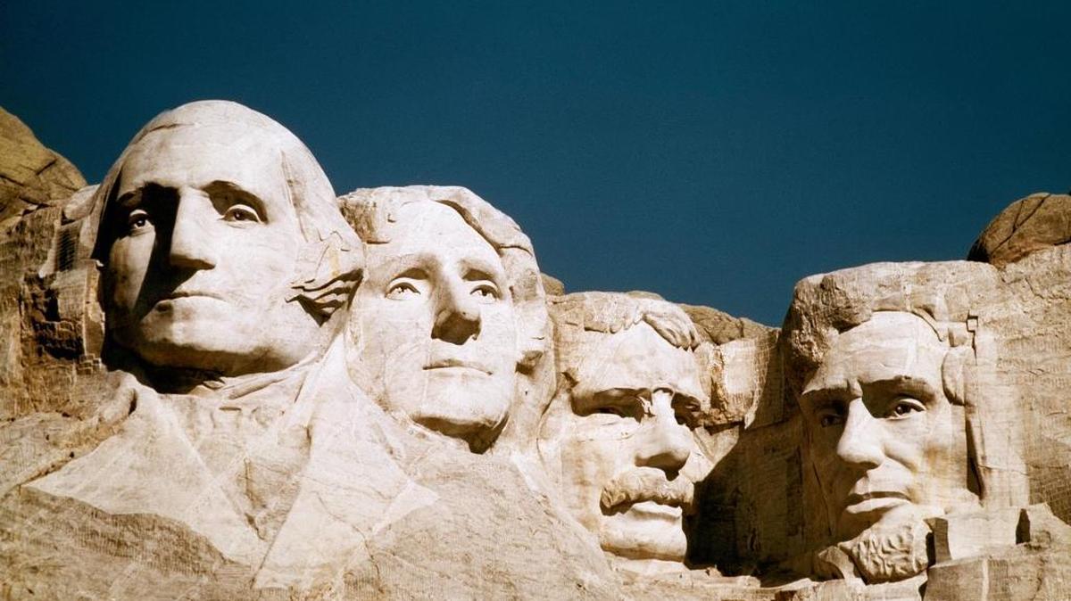 On Mount Rushmore in South Dakota are carved, from left, George Washington, Thomas Jefferson, Theodore Roosevelt and Abraham Lincoln.