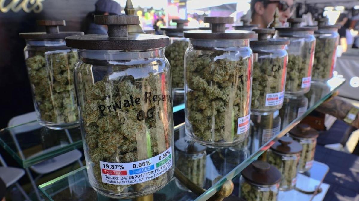 Jars of marijuana are on display at the High Times Cannabis Cup in San Bernardino.