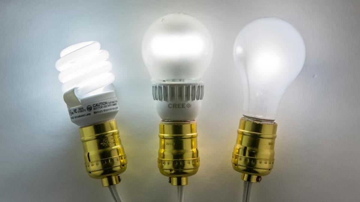 A comparison of light given off by three 60 watt-equivalent bulbs.