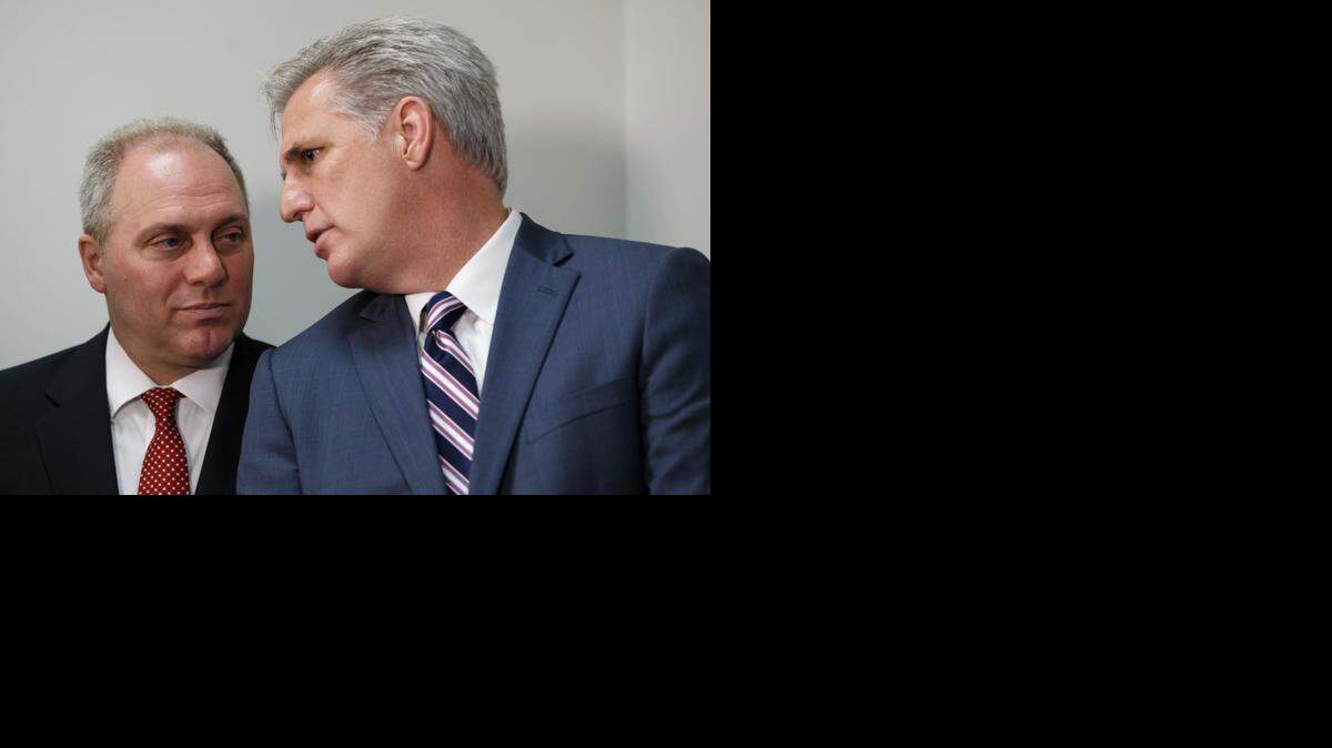 
House Majority Leader Kevin McCarthy, right, of Bakersfield,  confers with House Majority Whip Steve Scalise, R-La., on Capitol Hill earlier this month. 
