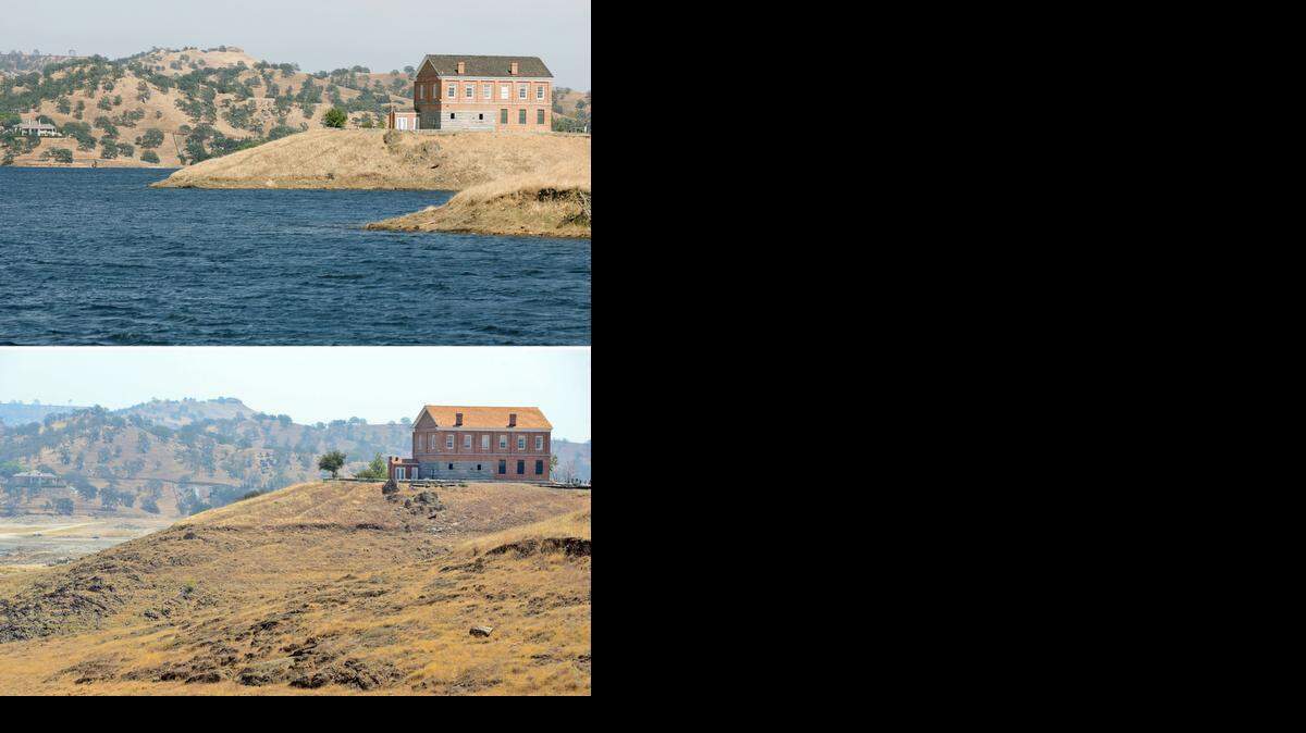 
Comparison photos show the historic Millerton Courthouse as it sits atop a bluff overlooking Millerton Lake in Friant in 2009, top, with the water at a high point, and on Aug. 5, 2014, where the water isn't visible at the same angle. 
