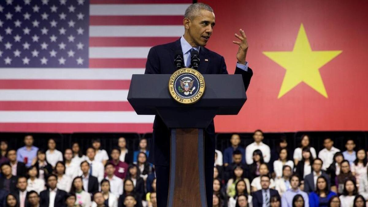 President Barack Obama speaks to Vietnamese young people at a town hall Wednesday in Ho Chi Minh City before heading for Japan, where he will become the first sitting U.S. president to visit Hiroshima.