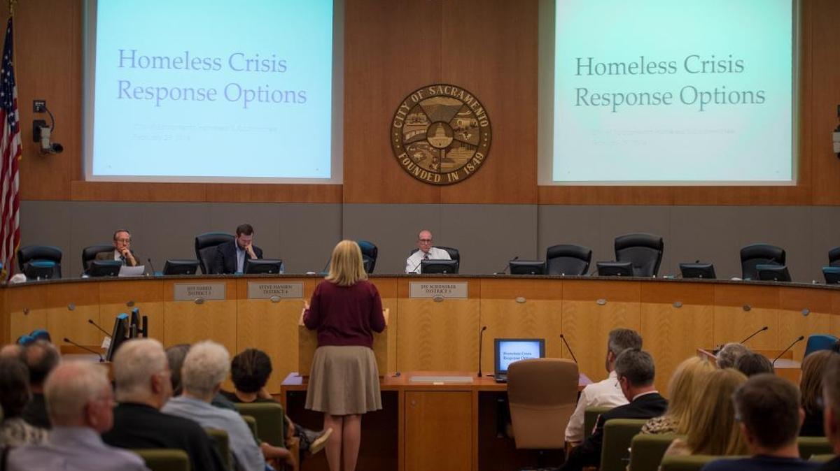 Sacramento homeless service coordinator Emily Halcon speaks to a City Council subcommittee on homelessness in February, discussing service programs and potential for creating a safe-ground camp.